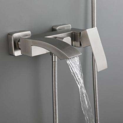 Brushed Nickel Wall Mount Shower Faucet Set (SUS304 Stainless Steel, Square Shower-head, Bathroom Rainfall Shower System, Shower Trim Kit)