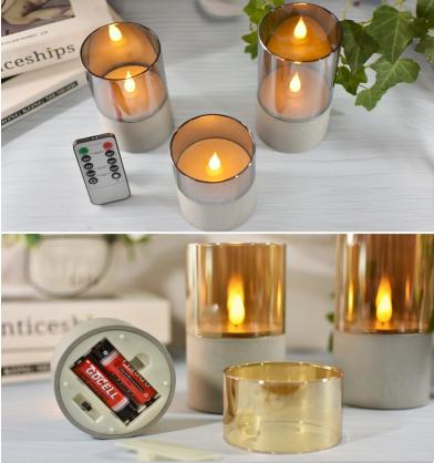 Φ7.5cm LED Flameless Candles (3PCS SET) - Battery Operated Electric LED Pillar Candles with Remote Control Cycling 24 Hours Timer - Cement Effect, Real Wax, 3D Wick, Realistic Flickering, Vivid Christmas/Festival/Party Decorative Candle Sets