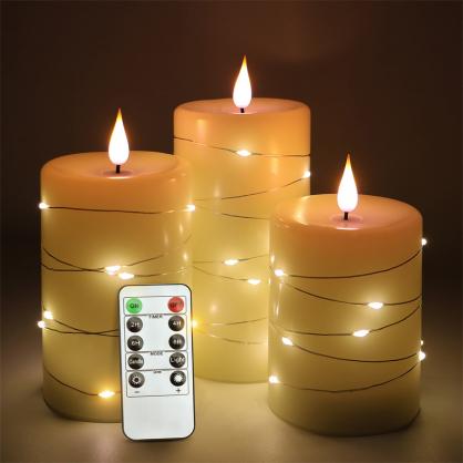 Φ8.0cm LED Pillar Candles with Copper wire lamp and Remote Controller (3PCS SET) -Operated by 2 * AA Batteries (Not Included) Electric Flameless Candles - Real Wax, 3D Wick, Realistic Flickering