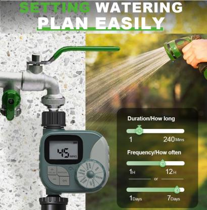 Garden hose watering timer, outlet hose sprinkler timer, programmable hose timer with digital irrigation timer system, battery powered, used for outdoor courtyard, lawn and garden watering