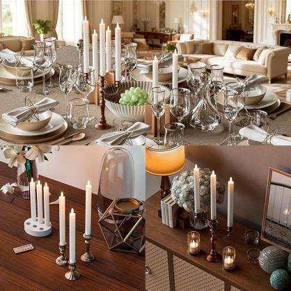 Rechargeable Flameless LED Taper Candles (6pcs set), with Charging Base, LED Taper Candles with Remote Timer, 3D Flickering Flame for Home & Commercial Decoration