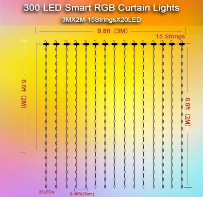 IP68 Waterproof Outdoor LED Curtain Light with 24-Key Remote Controller & Smart APP Control, RGBIC 16 Million Optional Colors, Timer Function, Adjustable Brightness, Music Sync,DIY Scenes,USB Plug Connection For Power On/Off, Color Changing