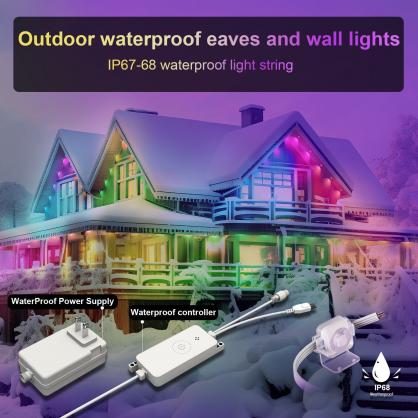 LED Permanent Eaves Light (IP68 Waterproof,Outdoor Use) with 24-key Remote Controller & Smart APP Bluetooth & WIFI Control,RGBIC 16 Million Optional Colors,Voice Control, Adjustable Brightness, Music Sync,DIY Scenes
