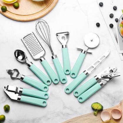 9-Piece Stainless Steel Kitchen Utensil Set, Lightweight Plastic Holder Handles, Non-Stick Cookware Gadgets and Tools Kit, Dishwasher Safe, Kitchenware for Cooking and Baking