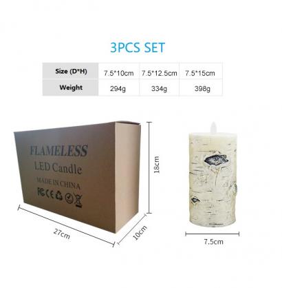 Φ7.5cm LED Flameless Candles (3PCS SET) - Battery Operated Electric LED Pillar Candles with Remote Control Cycling 24 Hours Timer - Birch Effect, Real Wax, 3D Wick, Realistic Flickering, Vivid Christmas/Festival/Party Decorative Candle Sets