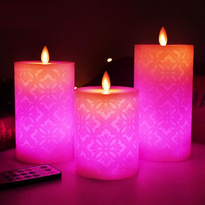 Φ8.0cm LED Flameless RGB Color Changing Candles (3PCS SET) - Battery Operated Electric LED Pillar Candles with Remote Control 4H/8H Setting & Cycling 24 Hours Timer -3D Wick, Realistic Flickering, Vivid Christmas/Festival/Party Decorative Candle Sets
