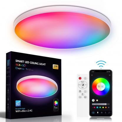 30W 12in RGB WiFi+Ble+2.4G Smart Flush Mount Ceiling Light Fixture, 2200lm, 2700K-6500K Dimmable, RGB Color Changing, Compatible with Alexa Google, for Bedroom Living Room Hallway Nursery (RGB)