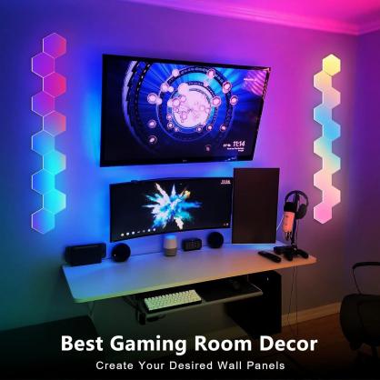 Hexagon Panel Light Set -RGB Hexagon LED Wall Lights with Smart APP Wifi & Bluetooth Remote Control & Music Sync for Halloween Decor, Gaming Decor (3/6/8/10/15/20 PCS Pack optional)