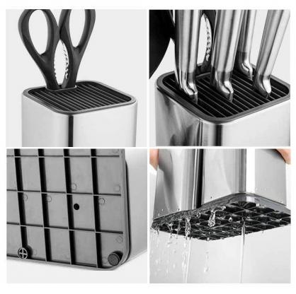 Stainless Steel Universal Knife Block Holder,Stainless Steel Knife Holder,Modern Utensil Holder for Countertop,with 14 slots and drain design,for Kitchen Counter,Edge Protecting Knife Storag