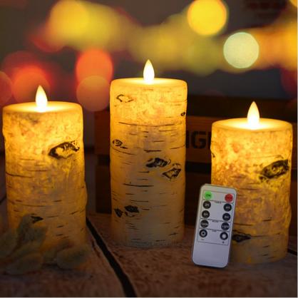 Φ7.5cm LED Flameless Candles (3PCS SET) - Battery Operated Electric LED Pillar Candles with Remote Control Cycling 24 Hours Timer - Birch Effect, Real Wax, 3D Wick, Realistic Flickering, Vivid Christmas/Festival/Party Decorative Candle Sets