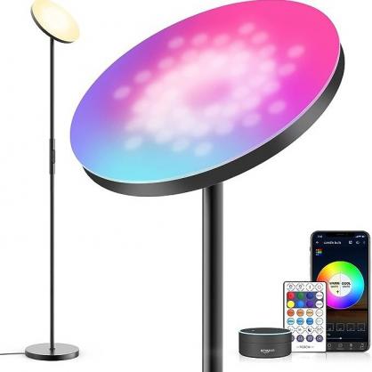 24W Smart RGB LED Floor Lamp Works with Alexa Google Home, WiFi Remote Modern Tall Standing Light, 2000LM Super Bright Color Changing & Dimmable Sky Torchiere for Living Room, Bedroom (Black)