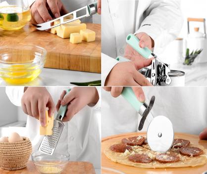 9-Piece Stainless Steel Kitchen Utensil Set, Lightweight Plastic Holder Handles, Non-Stick Cookware Gadgets and Tools Kit, Dishwasher Safe, Kitchenware for Cooking and Baking