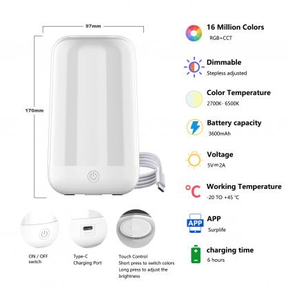 5W LED Smart Bluetooth Dimming Mood Light, RGB Color Change, 3600mA Rechargeable Battery Touch Music Atmosphere Light, Mother and Baby Night Light Desk Light