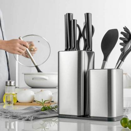 Stainless Steel Universal Knife Block Holder,Stainless Steel Knife Holder,Modern Utensil Holder for Countertop,with 14 slots and drain design,for Kitchen Counter,Edge Protecting Knife Storag