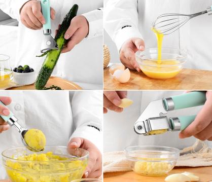 9-Piece Stainless Steel Kitchen Utensil Set, Lightweight Plastic Holder Handles, Non-Stick Cookware Gadgets and Tools Kit, Dishwasher Safe, Kitchenware for Cooking and Baking