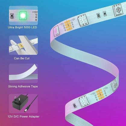 WIFI & Bluetooth Smart LED Strip Lights (IP20 Indoor Use), RGB Dimmable Color Changing Lights Strip with APP Control or 44-Key IR Remote Controller, Self-Adhesive Flexible 12V Bright LED Tape Light Kit for Home Party Holiday