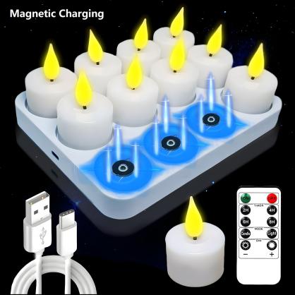 12PCS Rechargeable LED Tea Lights, 3D Realistic Flickering Flameless Candles with Charging Base, Remote Control & Timer Function, Battery Powered Votive Candles for Party, Wedding & Holiday Decoration