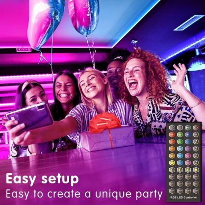 Bluetooth Smart LED Strip Lights (IP20 Indoor Use), RGB Dimmable Color Changing Lights Strip with 40-Key IR Remote Controller, Self-Adhesive Flexible 12V Bright LED Tape Light Kit for Home Party Holiday