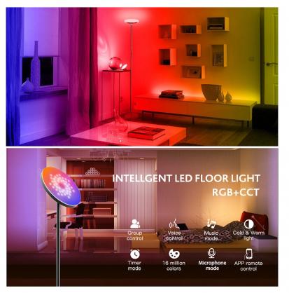 24W Smart RGB LED Floor Lamp Works with Alexa Google Home, WiFi Remote Modern Tall Standing Light, 2000LM Super Bright Color Changing & Dimmable Sky Torchiere for Living Room, Bedroom (Black)