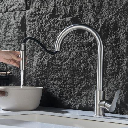 H42cm Kitchen Sink Faucets with Pull Down Sprayer (SUS304 Stainless Steel,3 Water Outlet Modes), Single Handle High Arc Pull Down Kitchen Faucet