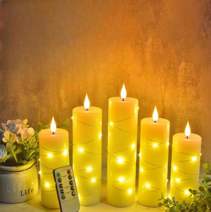 Φ5.5cm LED Flameless Wax Candles with copper wire lamp (5 PCS SET) - Battery Operated Electric LED Pillar Candles with Remote Control Cycling 24 Hours Timer - Real Wax, 3D Wick, Realistic Flickering, Vivid Christmas/Festival/Party Decorative Candle Sets