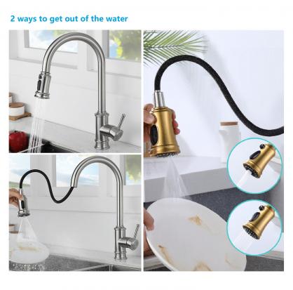 H42cm Kitchen Sink Faucets with Pull Down Sprayer (SUS304 Stainless Steel,3 Water Outlet Modes), Single Handle High Arc Pull Down Kitchen Faucet