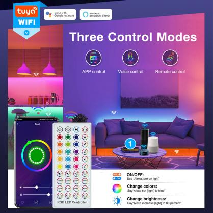WIFI & Bluetooth Smart LED Strip Lights (IP20 Indoor Use), RGB Dimmable Color Changing Lights Strip with APP Control or 44-Key IR Remote Controller, Self-Adhesive Flexible 12V Bright LED Tape Light Kit for Home Party Holiday
