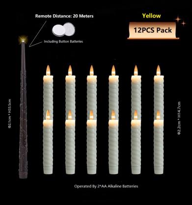 Φ2.2cm * H14.7cm Floating Candles, Threaded LED Taper Candles with Magic Wand Remote Control (12PCS Pack), Operated By 2 x AA Batteries (Battery is Included) - Lighting up to 150 hours