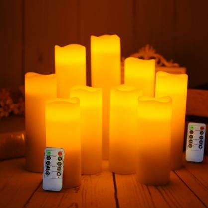 Φ5.3cm LED Flameless Wax Candles (9 PCS SET) - Battery Operated Electric LED Pillar Candles with Remote Control Cycling 24 Hours Timer - Real Wax, 3D Wick, Realistic Flickering, Vivid Christmas/Festival/Party Decorative Candle Sets