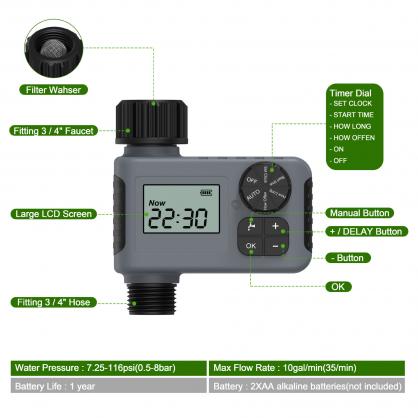 Outdoor garden faucet timer, programmable water spray timer, with rainwater delay/manual/automatic drip irrigation and courtyard lawn watering system, 1 outlet