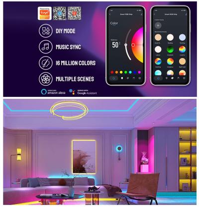 WIFI & Bluetooth Smart LED Strip Lights (IP20 Indoor Use), RGB Dimmable Color Changing Lights Strip with APP Control or 44-Key IR Remote Controller, Self-Adhesive Flexible 12V Bright LED Tape Light Kit for Home Party Holiday