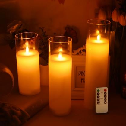 Φ7.5cm LED Flameless Wax Candles In Glass Holder (3PCS SET) - Battery Operated Electric LED Pillar Candles with Remote Control Cycling 24 Hours Timer - Real Wax, 3D Wick, Realistic Flickering, Vivid Christmas/Festival/Party Decorative Candle Sets