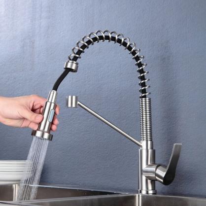 H66cm Kitchen Faucet with Pull Down Sprayer, Two Water Outlet Modes, Spring Single Handle Faucet for Kitchen Sink, 360-degree Rotation, SUS304 Food Grade Stainless Steel, Brushed Nickel