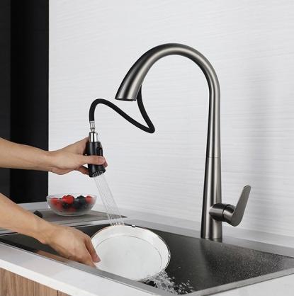 H43.5cm Kitchen Sink Faucets with Pull Down Sprayer (SUS304 Stainless Steel,3 Water Outlet Modes), Single Handle High Arc Pull Down Kitchen Faucet