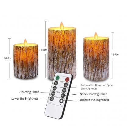Φ7.5cm LED Flameless Candles (3PCS SET) - Battery Operated Electric LED Pillar Candles with Remote Control Cycling 24 Hours Timer - Pine Effect, Real Wax, 3D Wick, Realistic Flickering, Vivid Christmas/Festival/Party Decorative Candle Sets