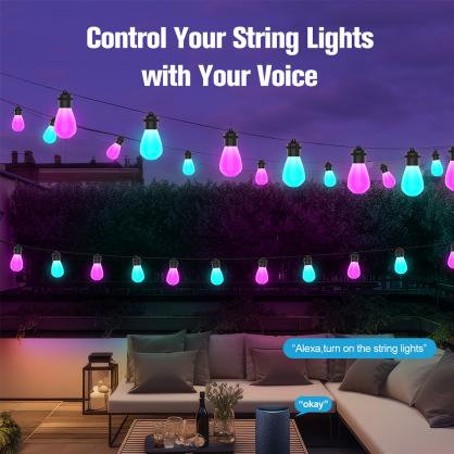 LED Smart Outdoor String Lights (IP65 Waterproof,Outdoor Use,49.21FT/15 Meters) , RGBIC Color Changing Lights with 15 Dimmable LED Bulbs, Warm White Lights with Multiple Scenes for Patio, Backyard, App Control