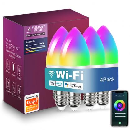 E14 Smart LED Candelabra Bulbs,Bluetooth & Wifi Remote Control,No Hub Required, RGB LED Bulb Compatible with Alexa/Google Assistant/Smart Life, 1/4/6 PCS Pack optional