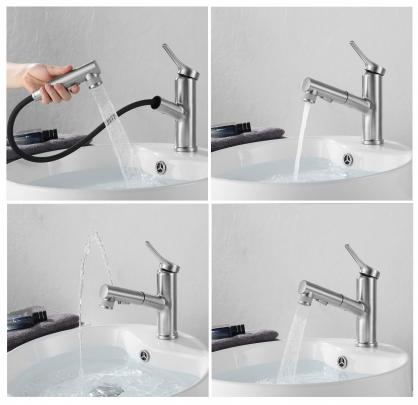 H31CM Bathroom Basin Faucet/Kitchen Sink Faucet, SUS304 Stainless Steel with Pull Down Sprayer,Single Handle Pull Out Bathroom Sink Faucet for Hot and Cold Water
