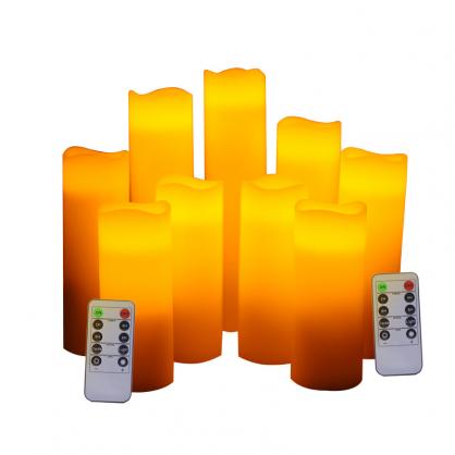 Φ5.3cm LED Flameless Wax Candles (9 PCS SET) - Battery Operated Electric LED Pillar Candles with Remote Control Cycling 24 Hours Timer - Real Wax, 3D Wick, Realistic Flickering, Vivid Christmas/Festival/Party Decorative Candle Sets