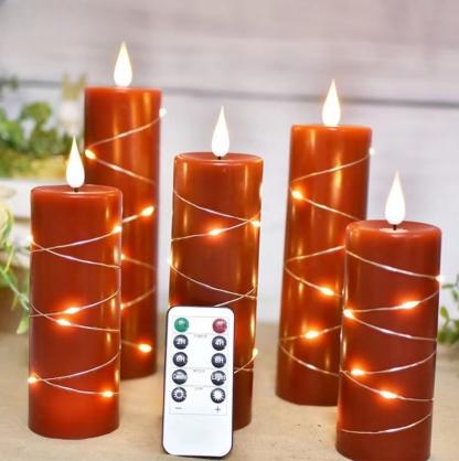 Φ5.5cm LED Flameless Wax Candles with copper wire lamp (5 PCS SET) - Battery Operated Electric LED Pillar Candles with Remote Control Cycling 24 Hours Timer - Real Wax, 3D Wick, Realistic Flickering, Vivid Christmas/Festival/Party Decorative Candle Sets