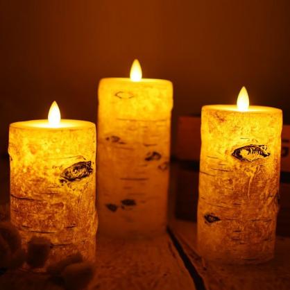 Φ7.5cm LED Flameless Candles (3PCS SET) - Battery Operated Electric LED Pillar Candles with Remote Control Cycling 24 Hours Timer - Birch Effect, Real Wax, 3D Wick, Realistic Flickering, Vivid Christmas/Festival/Party Decorative Candle Sets
