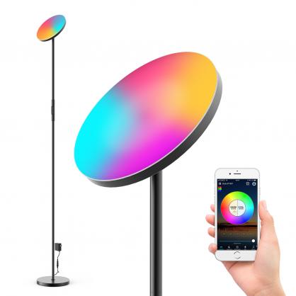 24W Smart RGB LED Floor Lamp Works with Alexa Google Home, WiFi Remote Modern Tall Standing Light, 2000LM Super Bright Color Changing & Dimmable Sky Torchiere for Living Room, Bedroom (Black)