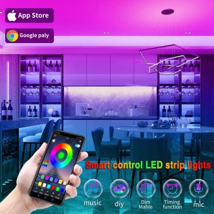 Bluetooth Smart LED Strip Lights (IP20 Indoor Use), RGB Dimmable Color Changing Lights Strip with 40-Key IR Remote Controller, Self-Adhesive Flexible 12V Bright LED Tape Light Kit for Home Party Holiday