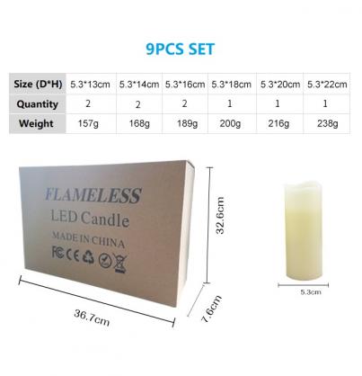 Φ5.3cm LED Flameless Wax Candles (9 PCS SET) - Battery Operated Electric LED Pillar Candles with Remote Control Cycling 24 Hours Timer - Real Wax, 3D Wick, Realistic Flickering, Vivid Christmas/Festival/Party Decorative Candle Sets