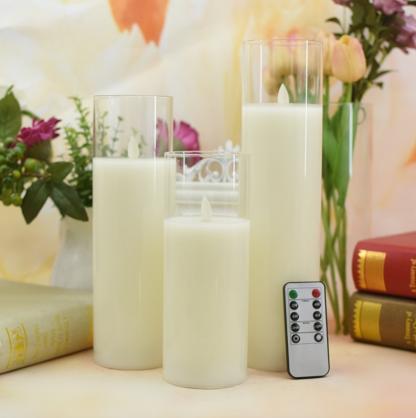 Φ7.5cm LED Flameless Wax Candles In Glass Holder (3PCS SET) - Battery Operated Electric LED Pillar Candles with Remote Control Cycling 24 Hours Timer - Real Wax, 3D Wick, Realistic Flickering, Vivid Christmas/Festival/Party Decorative Candle Sets