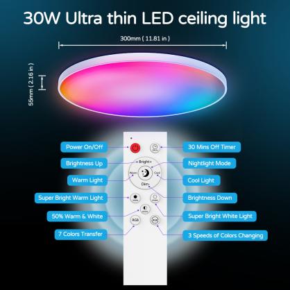 30W 12in RGB WiFi+Ble+2.4G Smart Flush Mount Ceiling Light Fixture, 2200lm, 2700K-6500K Dimmable, RGB Color Changing, Compatible with Alexa Google, for Bedroom Living Room Hallway Nursery (RGB)