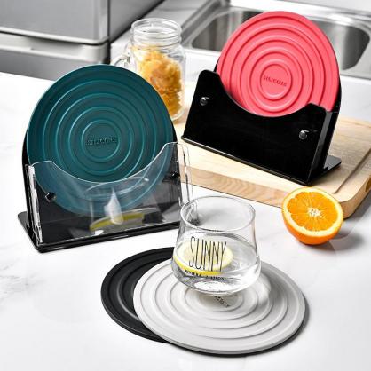 Heat Resistant Silicone Mats With Acrylic Holder (4PCS SET), Multipurpose Non-Slip Hot Pads for Kitchen Potholders, Hot Dishers, Jar Opener, Spoon Holder, Food Grade Silicone & BPA Free