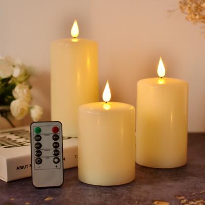 Φ7.5cm LED Flameless Wax Candles (3PCS SET) Operated by 2 * AA Batteries (Not Included) Electric LED Pillar Candles with Remote Control Cycling 24 Hours Timer - Real Wax, 3D Wick, Realistic Flickering