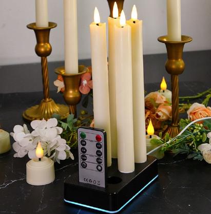 LED Rechargeable Taper Candle Lights with charging base and remote control function (6pcs Set)