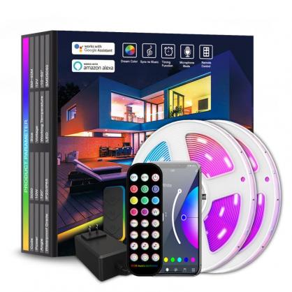 Bluetooth Smart LED Strip Lights (IP20 Indoor Use), RGB Dimmable Color Changing Lights Strip with APP Control or 24-Key IR Remote Controller, Self-Adhesive Flexible 12V Bright LED Tape Light Kit for Home Party Holiday